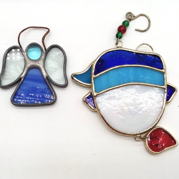 Snowman & Angel Suncatcher Stained Glass Handmade Ornament Winter Blue Bird VTG - Picture 2 of 3